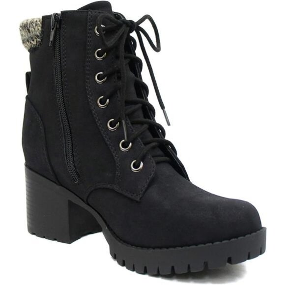 Shoes - Chunky Heel Combat Ankle Boot - Lace-Up with Side Zipper